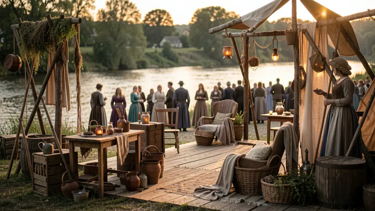 Escena teatral al aire libre junto a un río, con decoración rústica y figuras borrosas al fondo.