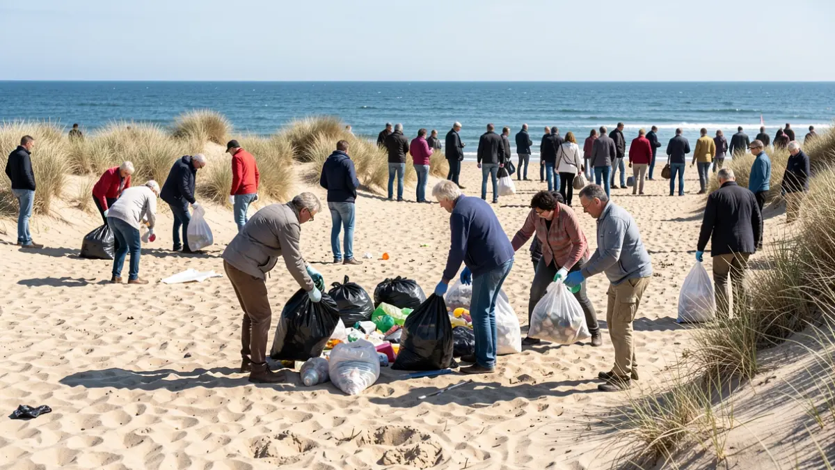 Imagen de voluntarios limpiando un cordón dunar en Chipiona.