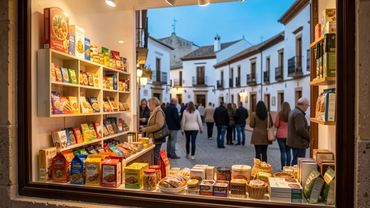 Escaparate de tienda en Villanueva de Córdoba con productos y luz cálida.