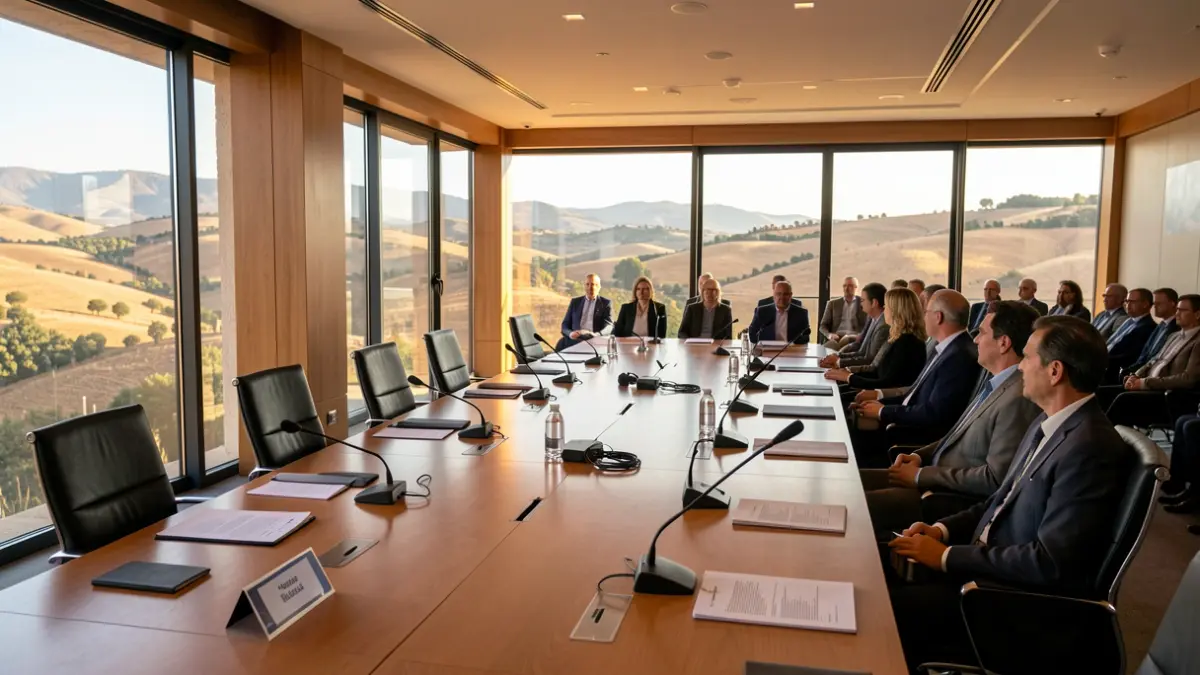 Sala de conferencias en Andalucía con vista a colinas, mesa con micrófonos y cuadernos.