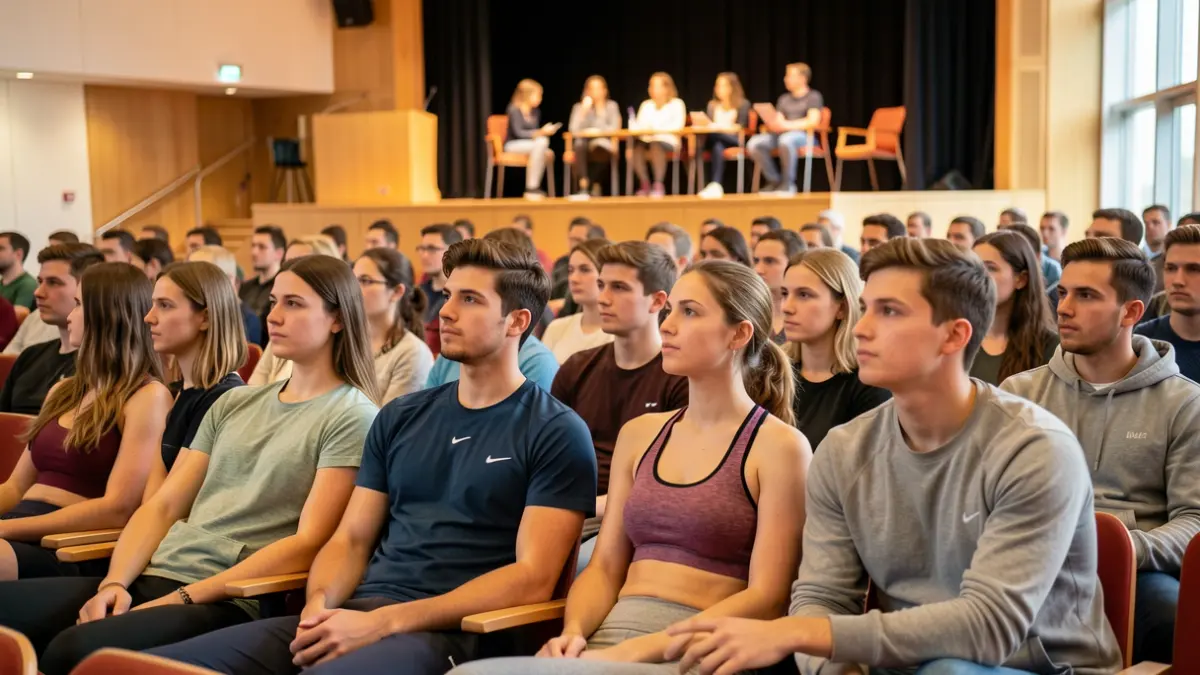 Jóvenes escuchando atentamente en un auditorio durante una jornada sobre deporte y bienestar.