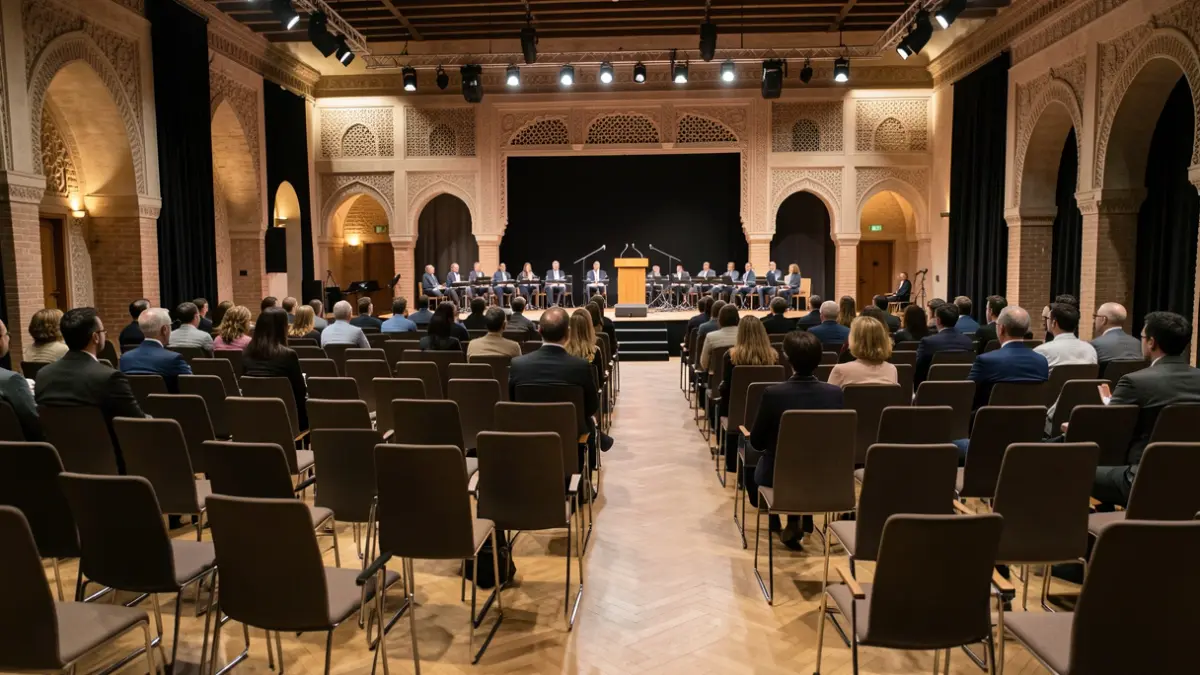 Imagen genérica de una sala de conferencias vacía con escenario y micrófonos.