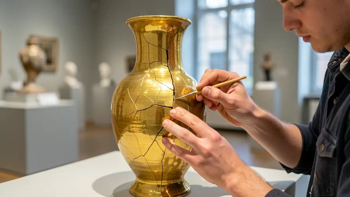 Manos de una joven artista reparando una vasija rota con laca dorada, destacando las grietas, en una sala de exposiciones de museo.