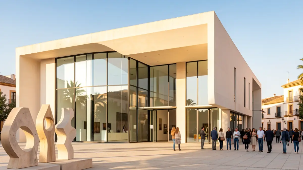 Fachada de un centro cultural moderno en Andalucía con esculturas abstractas.