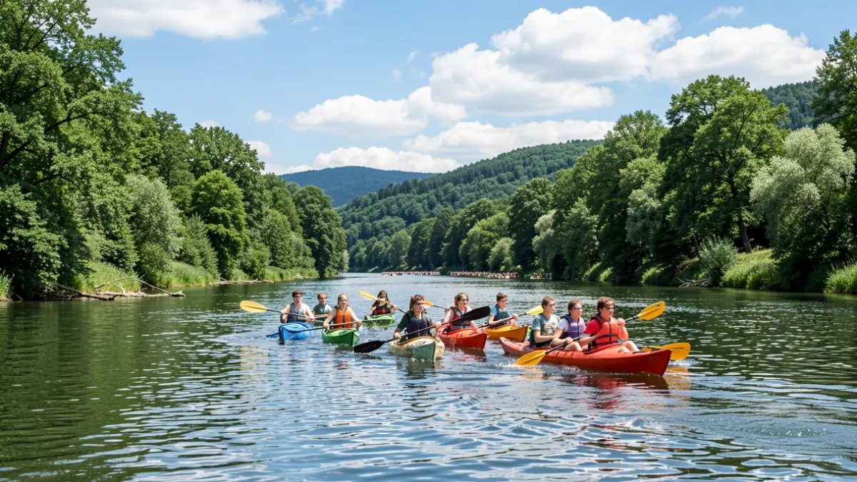 Jóvenes practicando kayak en un río rodeado de naturaleza.
