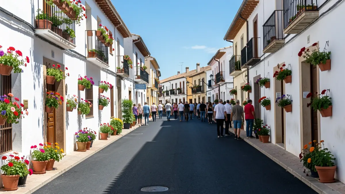 Imagen genérica de una calle andaluza con edificios blancos y macetas coloridas, recién asfaltada.
