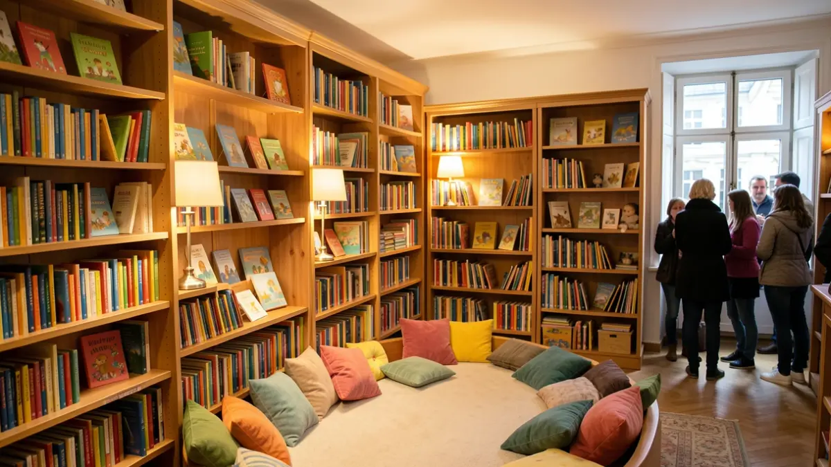 Generic image of a children's library room with bookshelves full of books and a storytelling area.