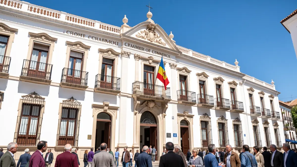 Facade of the Chamber of Commerce of Seville with the flag of Ceuta.