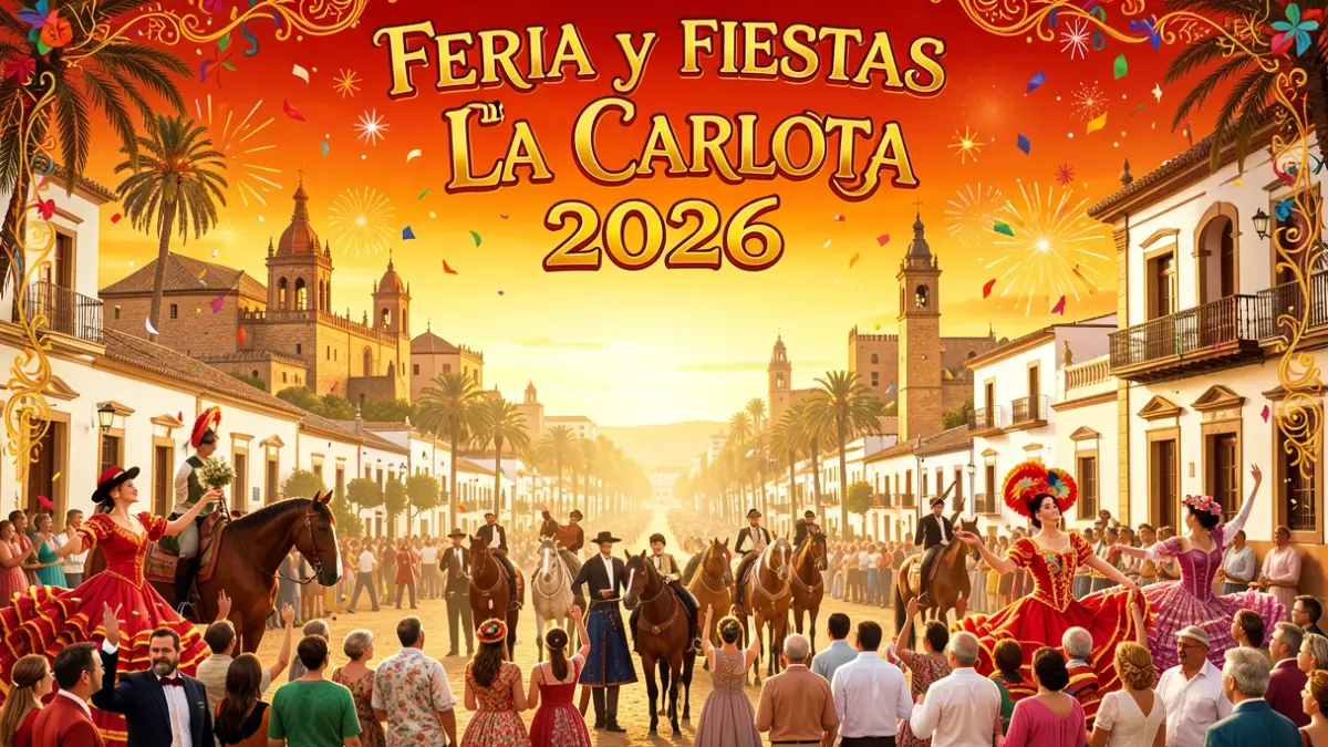 Cartel anunciador de la Feria y Fiestas de La Carlota 2026 con elementos tradicionales.