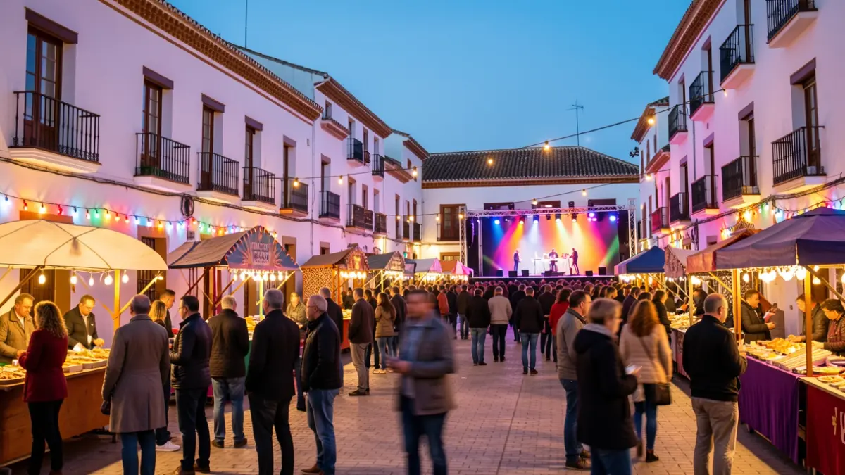 Generic image of an Andalusian town square illuminated by fair lights at dusk.
