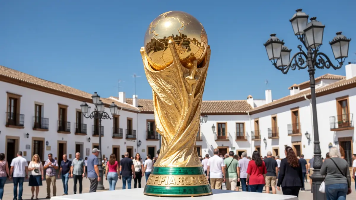 Imagen de la Copa del Mundo de fútbol expuesta en una plaza de Andalucía, con edificios tradicionales y cielo azul.