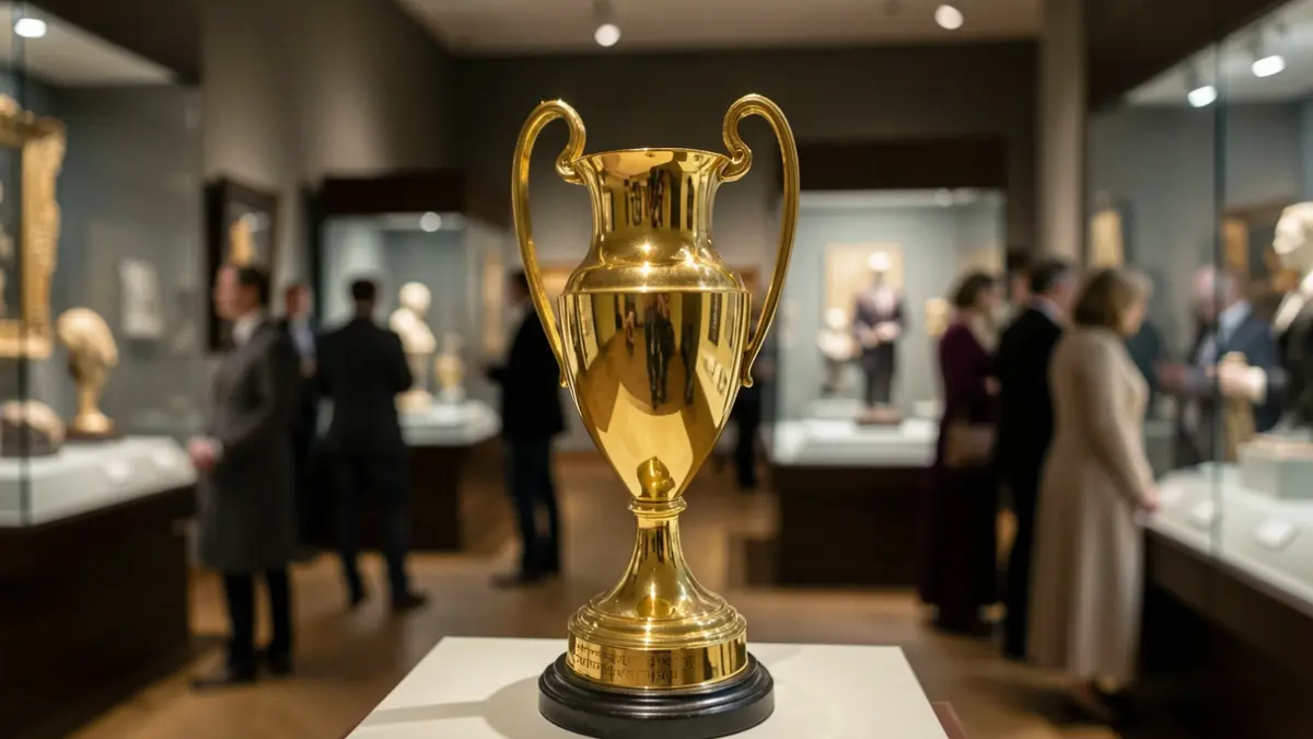 Image of a sports trophy displayed in a museum showcase.