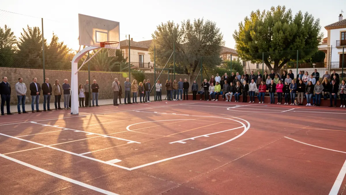 Basketball court in Andalucía with hoop and net, under afternoon sunlight.