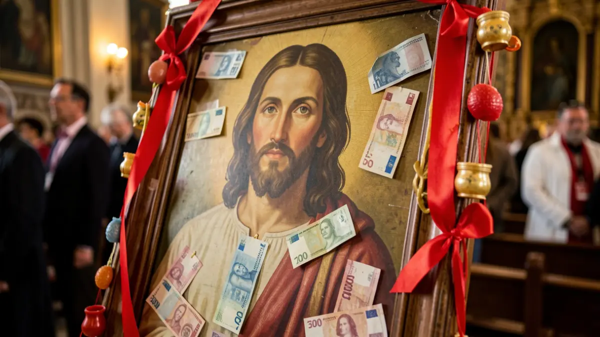 Close-up of a religious painting of Jesus Christ with Spanish banknotes pinned to its back, adorned with red ribbons and wax offerings.