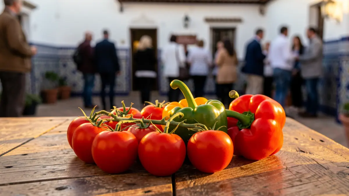 Primer plano de tomates y pimientos en una mesa de madera, con un patio andaluz desenfocado al fondo.