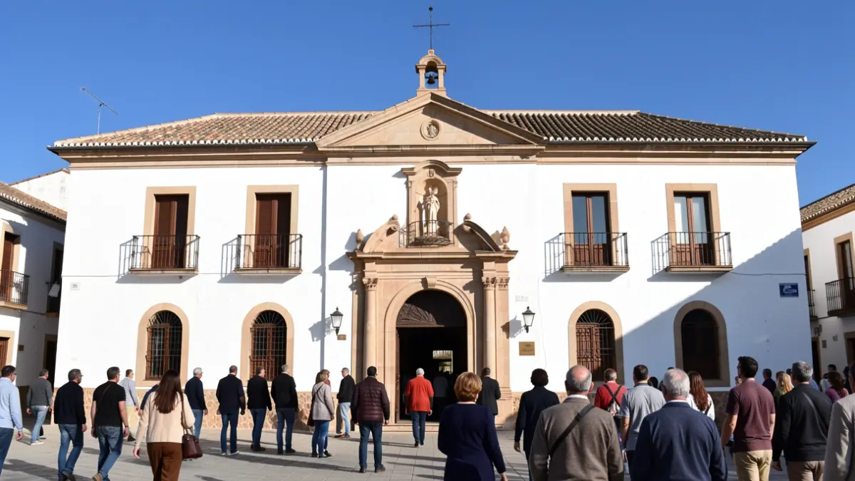 Fachada del Ayuntamiento de Pedroche, edificio andaluz blanco con tejado de tejas.