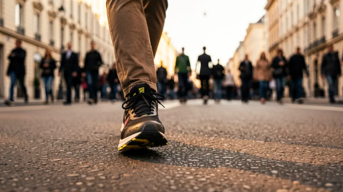 Imagen genérica de una zapatilla de running en una carretera urbana al atardecer.
