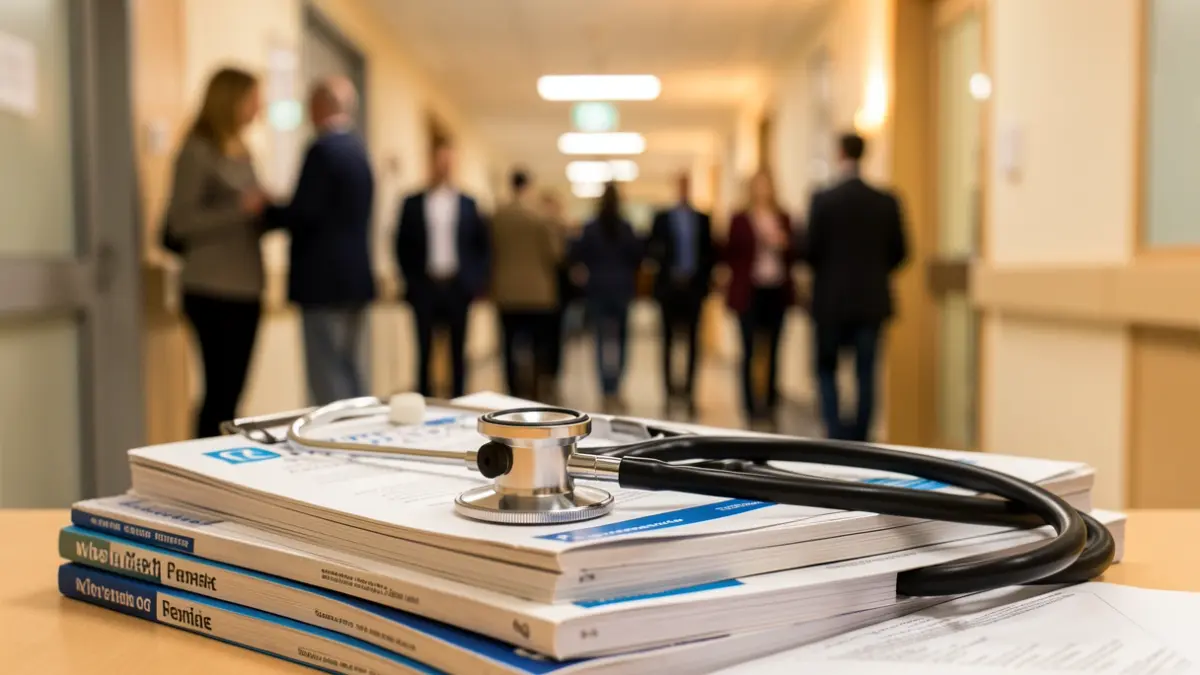 Generic image of a stethoscope on medical books in a hospital.