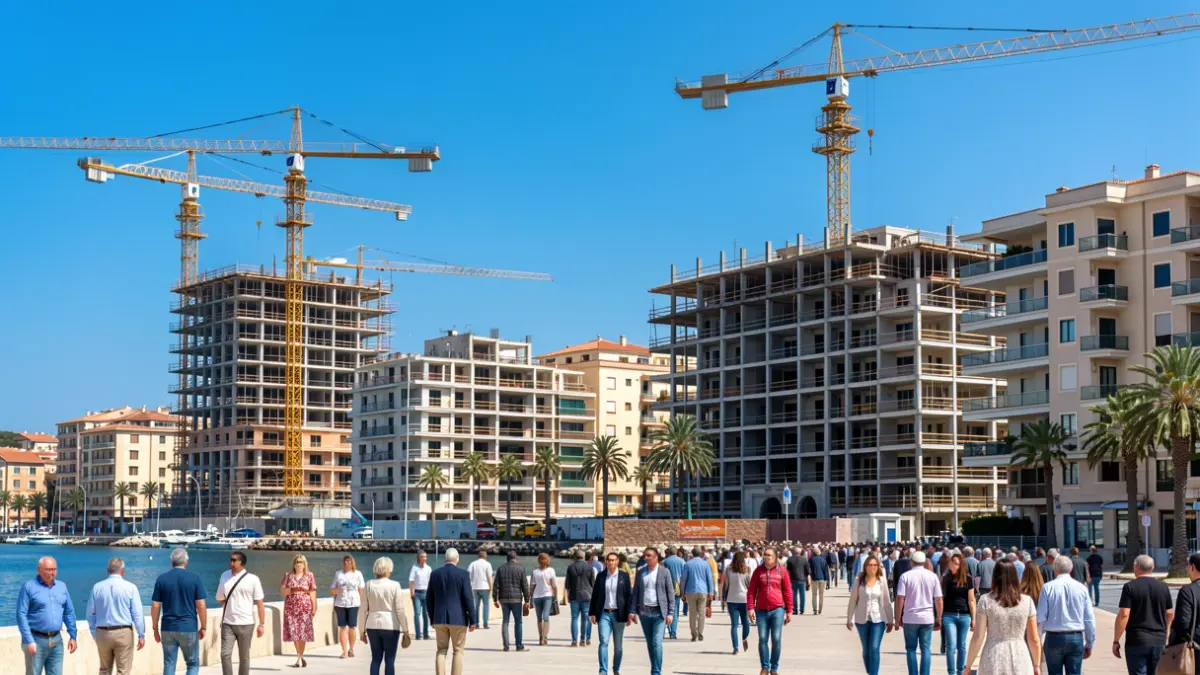 Generic image of construction cranes and developing residential buildings in a Mediterranean coastal city.