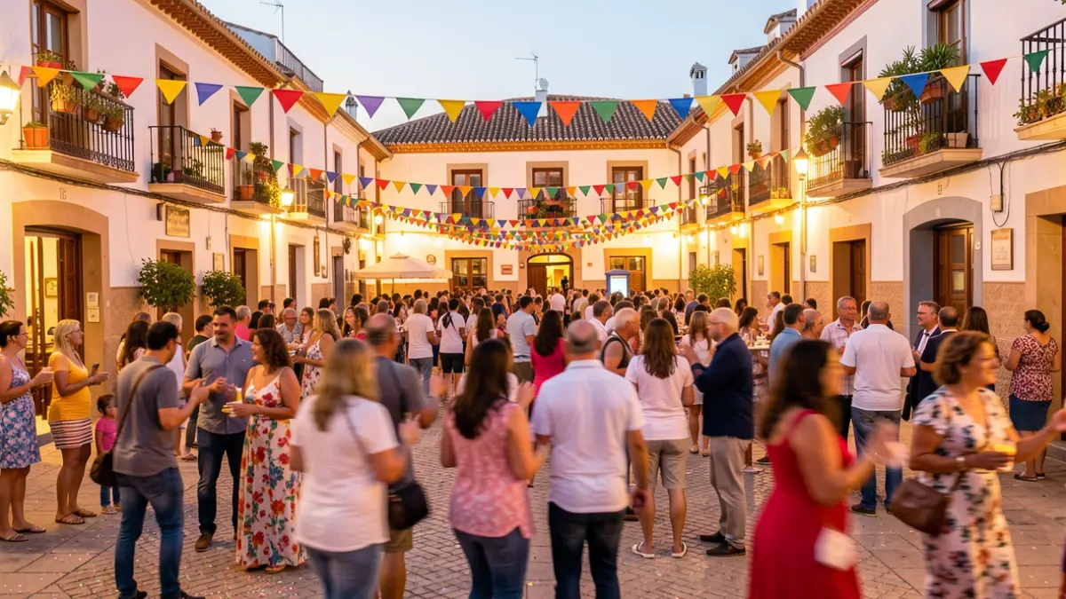 Imagen genérica de una plaza andaluza durante unas fiestas populares con gente celebrando.