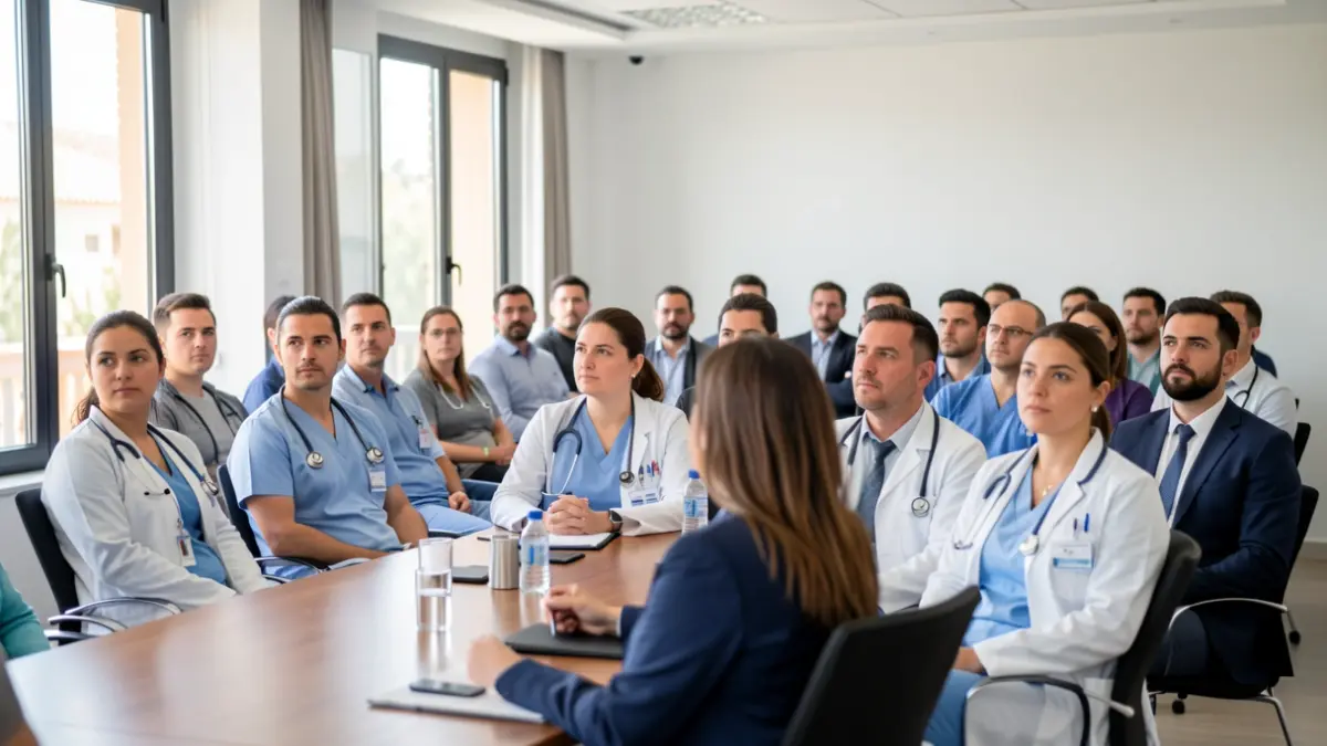 Healthcare professionals in a conference room in Andalusia.