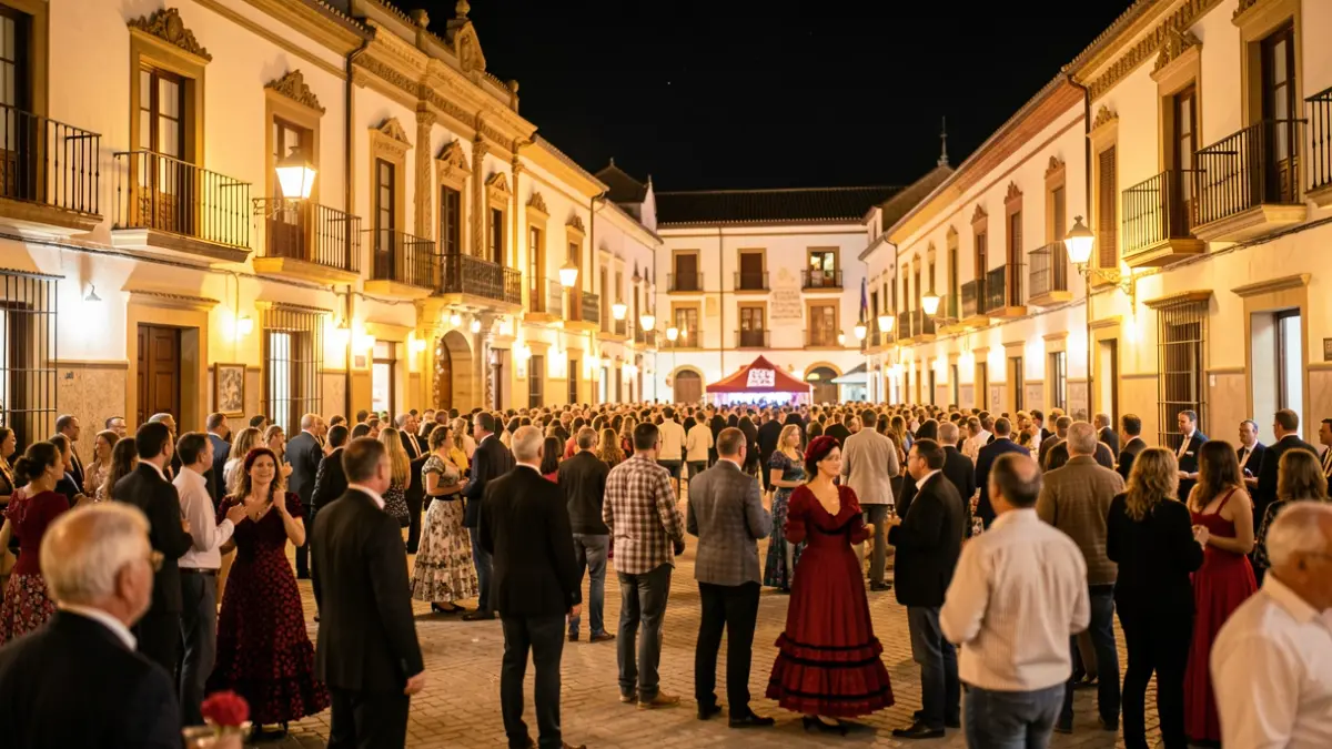 Imagen genérica de un festival de flamenco en una plaza andaluza por la noche, con luces cálidas y público de fondo.