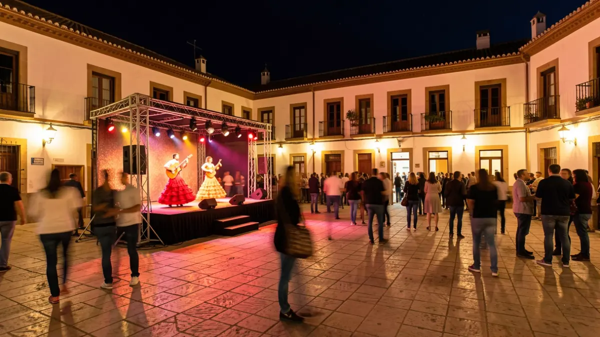 Generic image of an Andalusian square at night with a stage set up for a flamenco show.