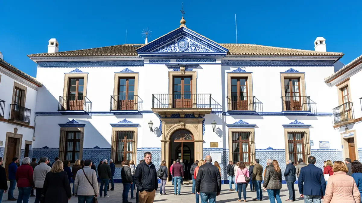 Facade of a traditional Andalusian town hall with tiles and a balcony.