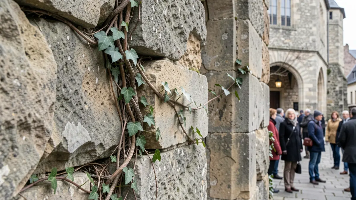 Raíces de hiedra dañando la piedra de una muralla histórica.