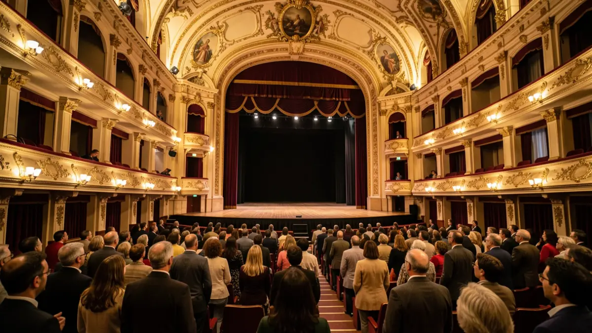 Interior de un teatro histórico en Andalucía, escenario vacío con detalles barrocos ornamentados, luz ambiental cálida.