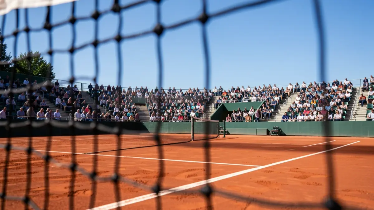 Clay tennis court with net and stadium seating in the background.