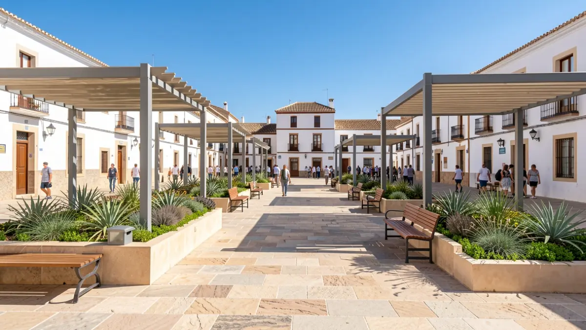 Plaza de la Constitución de La Línea tras su remodelación, con zonas verdes, pérgolas y bancos.