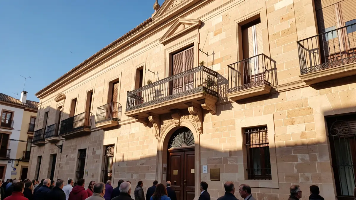 Fachada de un ayuntamiento andaluz con balcón y barandillas de hierro, luz de sol de la tarde.