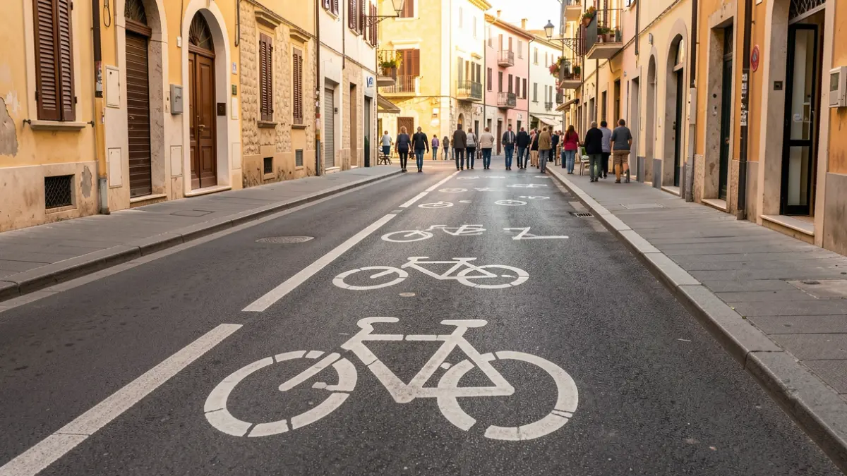 Imagen genérica de un carril bici urbano con señalización en el asfalto.