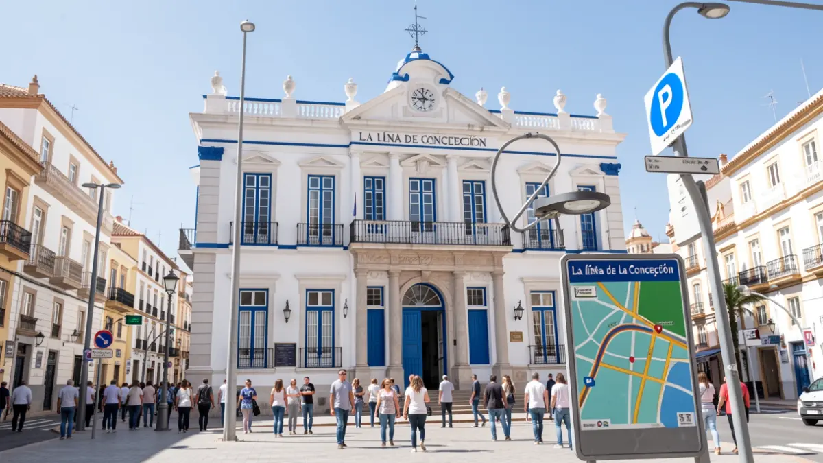 Facade of the La Línea de la Concepción City Hall with urban mobility elements.