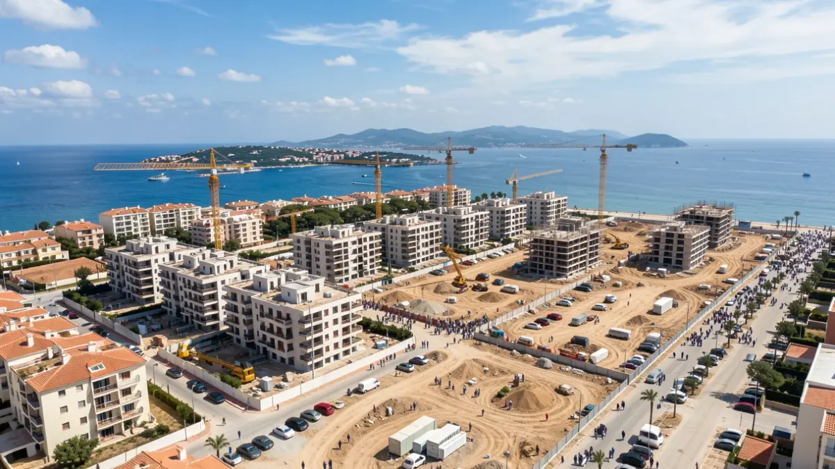Vista aérea de una zona residencial en desarrollo en una ciudad costera andaluza con grúas y edificios en construcción.