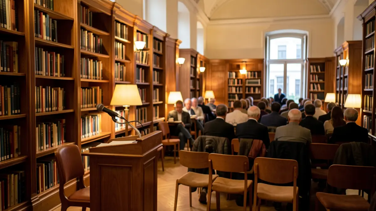 Generic image of a cultural space with bookshelves and a podium for conferences.