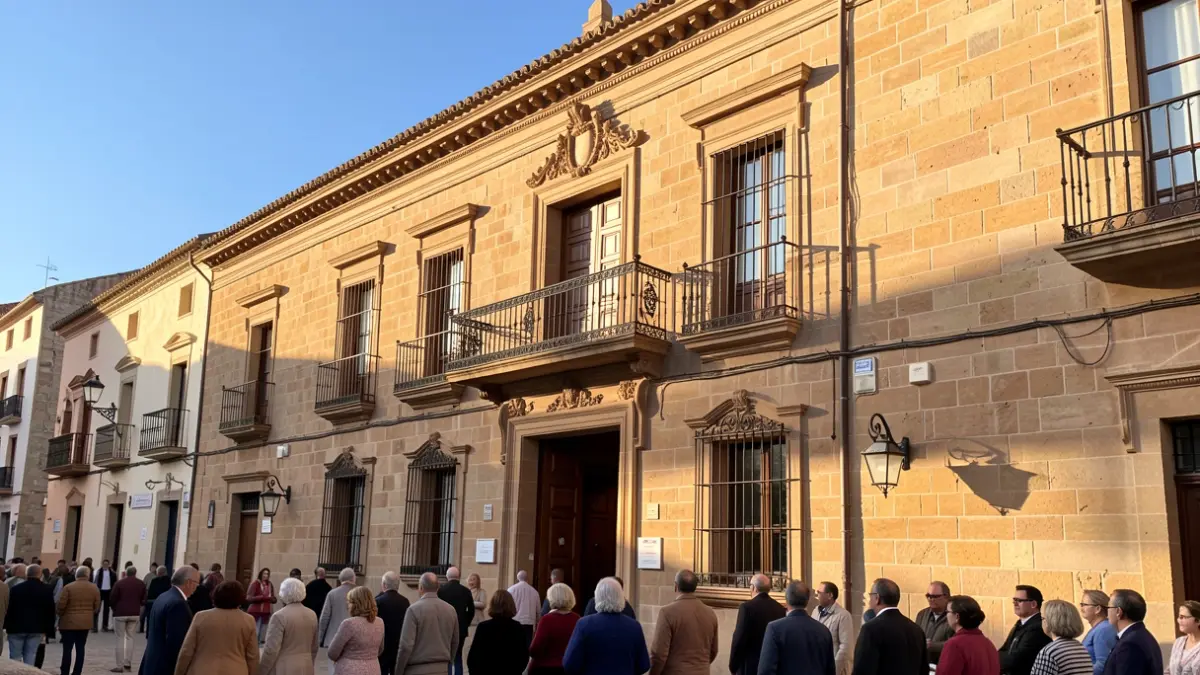 Facade of a traditional Andalusian town hall with a balcony and iron railings, warm afternoon light.