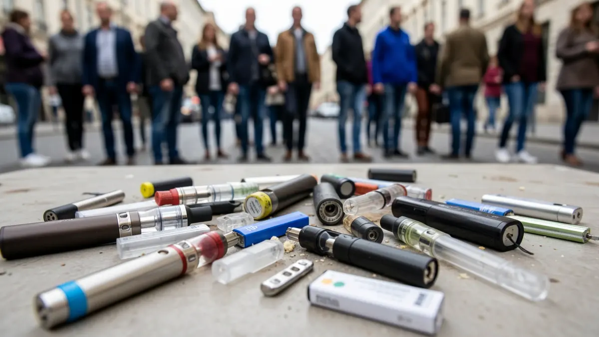 Imagen de vapeadores y cigarrillos electrónicos desechados, representando el reto de los residuos electrónicos.