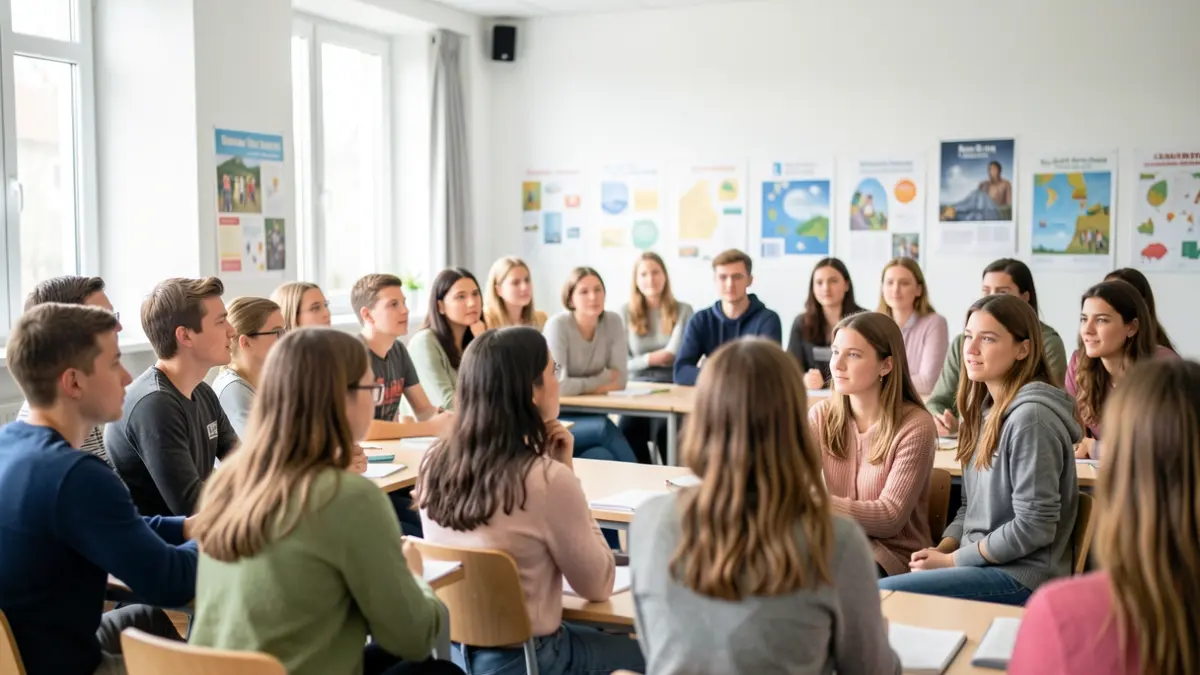 Imagen de estudiantes y profesores en una sesión informativa sobre becas Erasmus Plus.