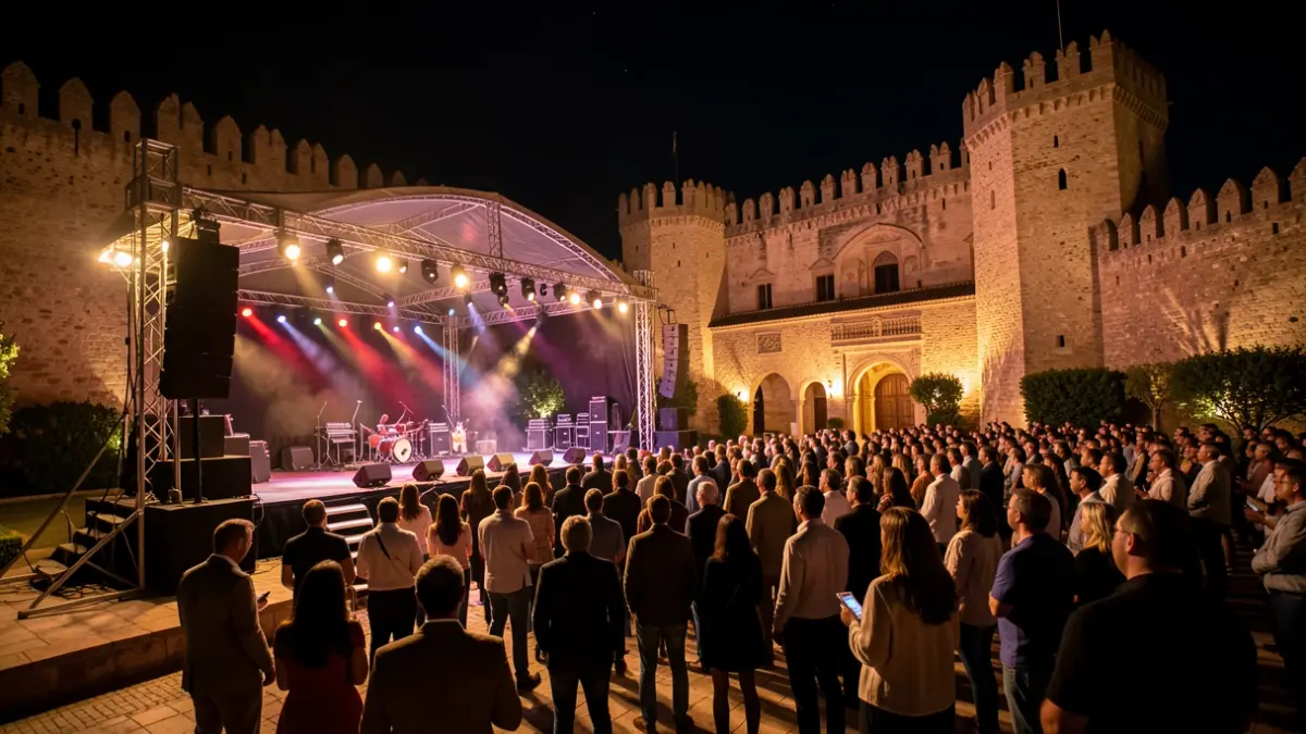 Escenari de concert a l'aire lliure al Castell Sohail de Fuengirola durant el vespre.