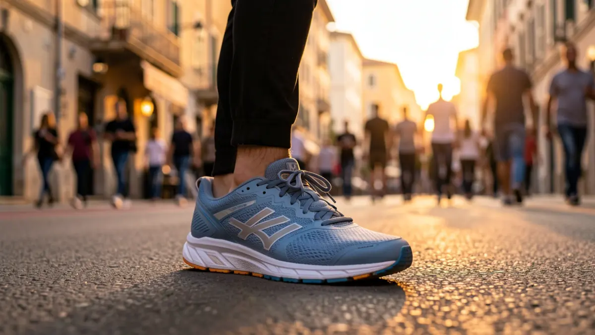 Generic image of a running shoe on asphalt in an urban setting.