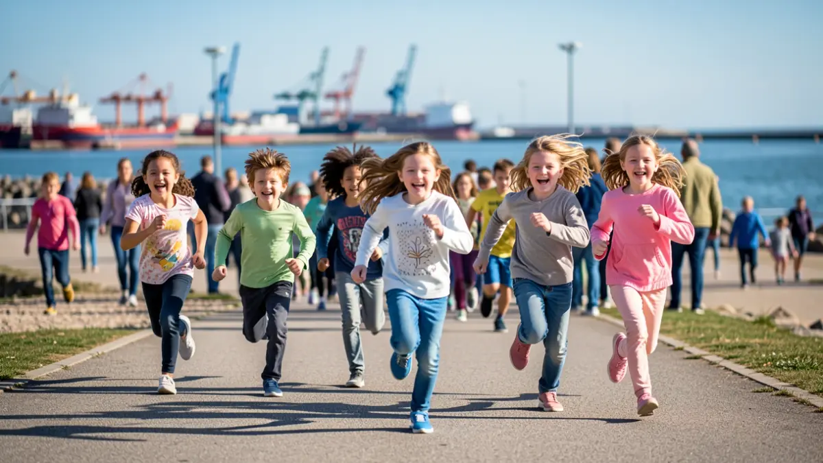 Imagen de niños corriendo en una carrera infantil cerca del mar en Almería.