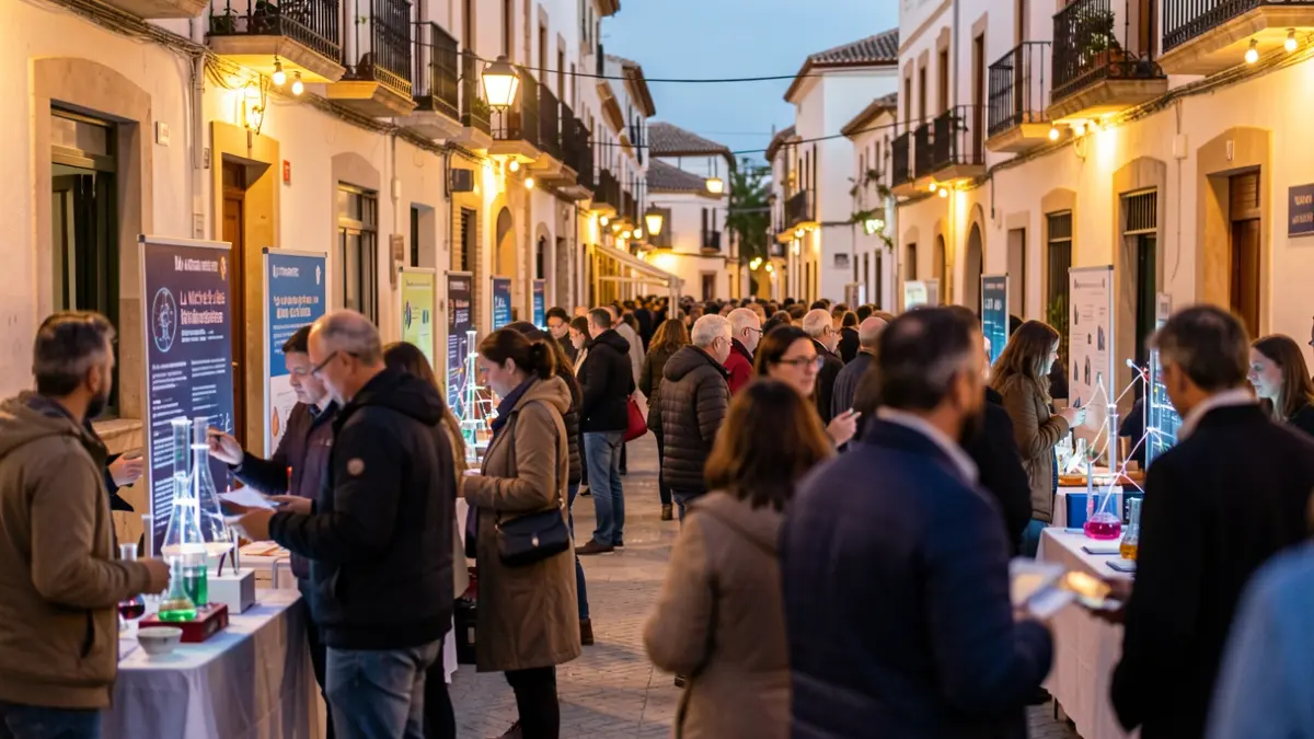 Image of the Night of the Researchers in Almería, with the public interacting with scientific exhibits in a festive atmosphere.