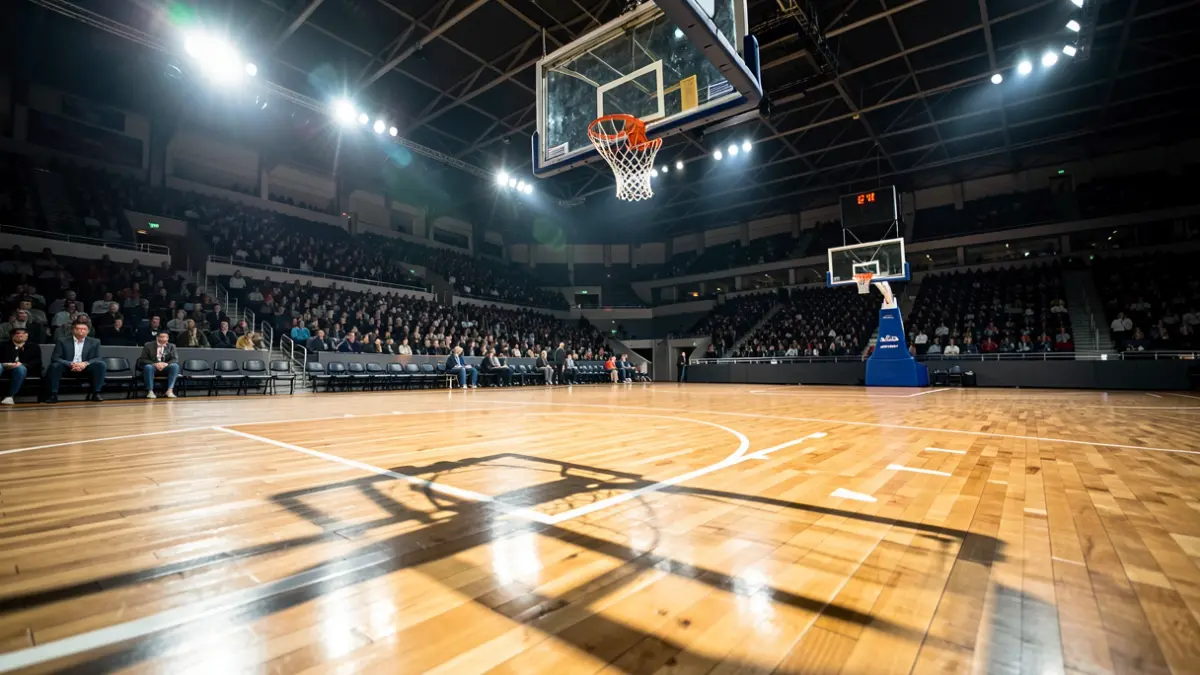 Pista de baloncesto con canasta y suelo de madera.