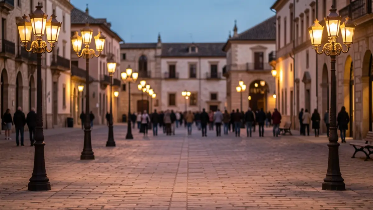 Night view of a historic square in Cordoba with warm lighting.