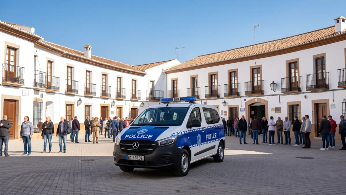 Unidad móvil de la Policía Nacional aparcada en la Plaza de Andalucía de Bujalance.