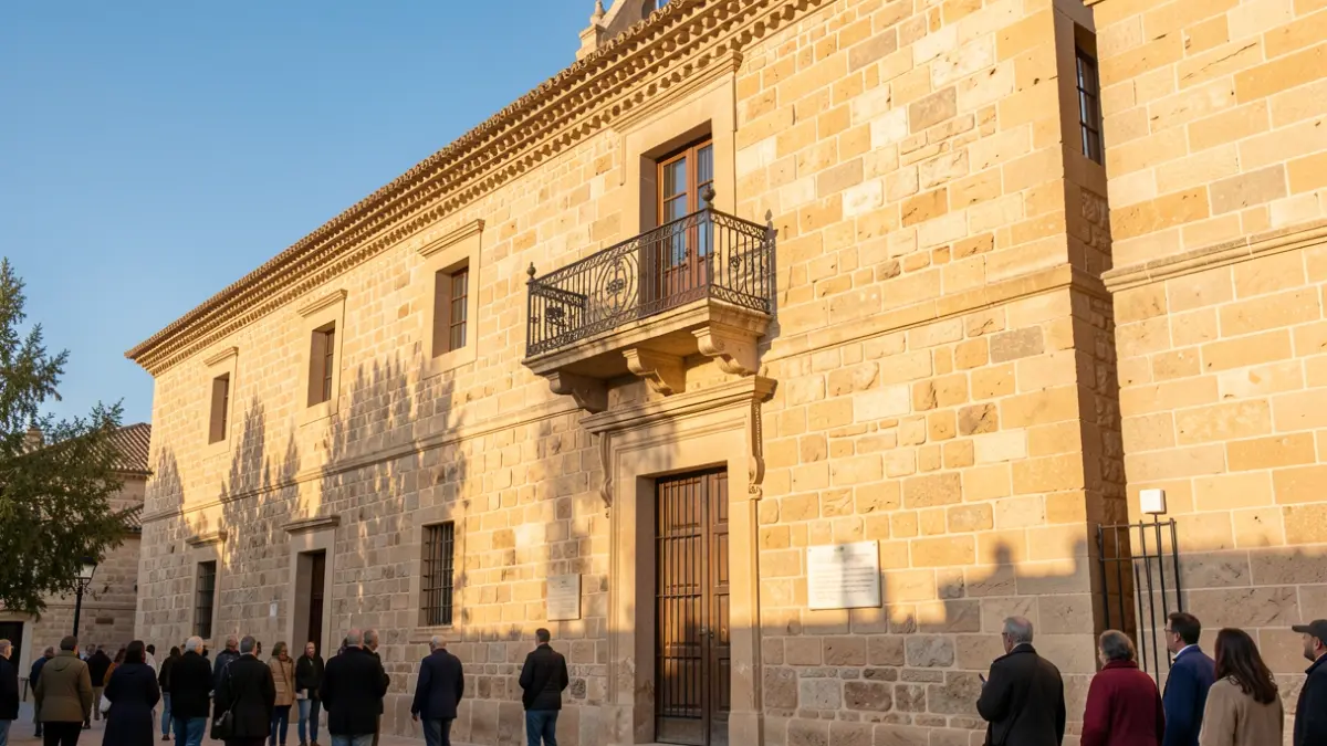 Stone facade of a traditional hermitage in Cordoba under sunlight.