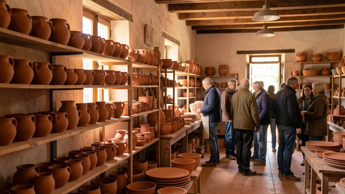 Generic image of a traditional ceramic workshop with clay pottery on shelves.