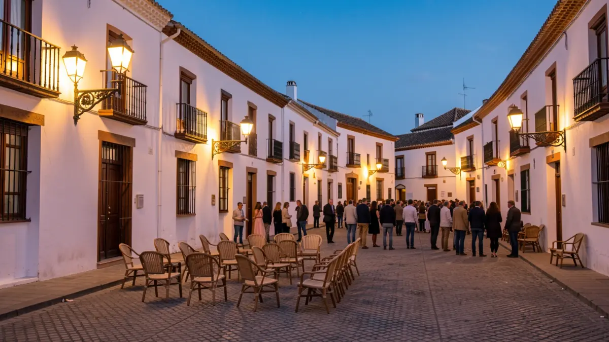 Plaza de un pueblo andaluz al atardecer con farolas encendidas y sillas vacías.